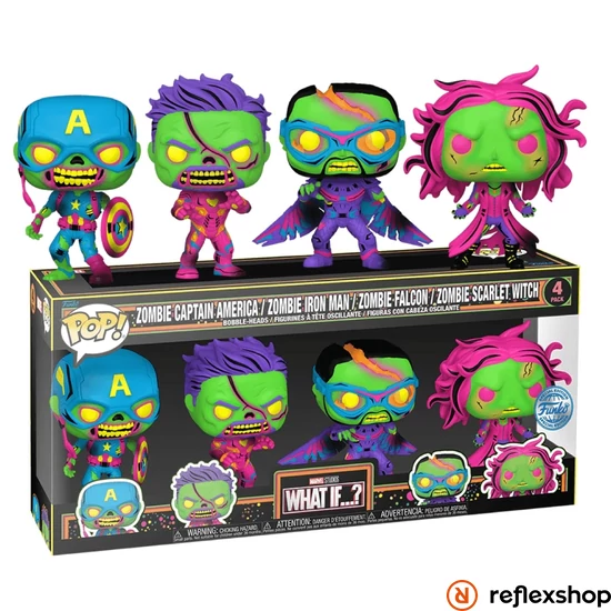 Funko POP! 4PK Marvel: What If...? - Zombie Captain America / Zombie Iron Man / Zombie Falcon / Zombie Scarlet Witch (SE) (Blacklight) figura