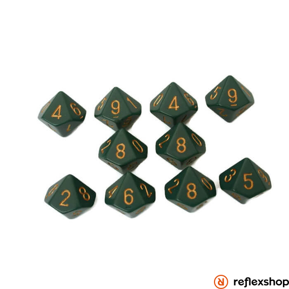 d10 kockaszett (10 kocka), zöld, arany számokkal