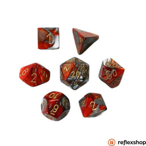 Gemini többoldalú kockaszett (7 kocka), narancs-acél, arany számokkal