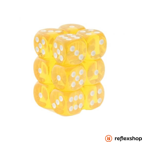 d6 kockablokk (12 kocka), áttetsző sárga, fehér pöttyös