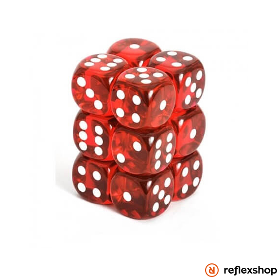 d6 kockablokk (12 kocka), áttetsző piros, fehér pöttyös