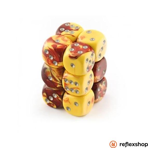 Gemini d6 kockablokk (12 kocka), piros-sárga, ezüst pöttyös