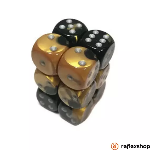 Gemini d6 kockablokk (12 kocka), fekete-arany, ezüst pöttyös