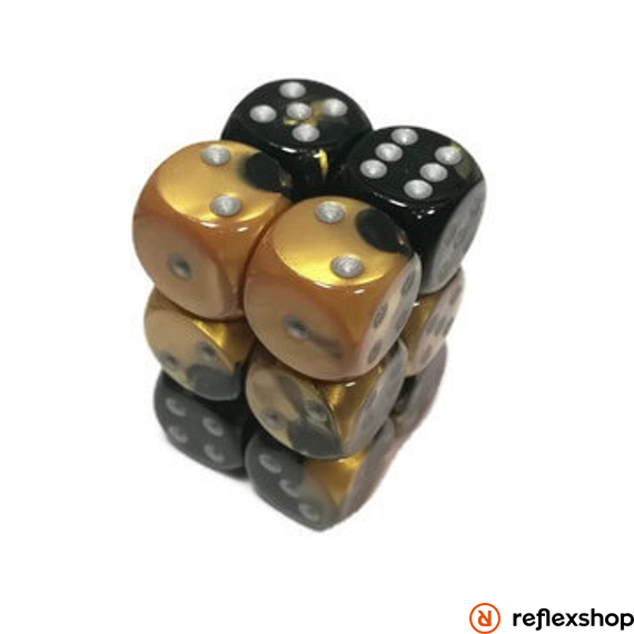 Gemini d6 kockablokk (12 kocka), fekete-arany, ezüst pöttyös
