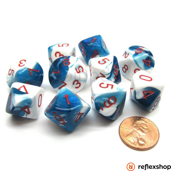 Gemini d10 kockaszett (10 kocka), kék-fehér, piros számokkal