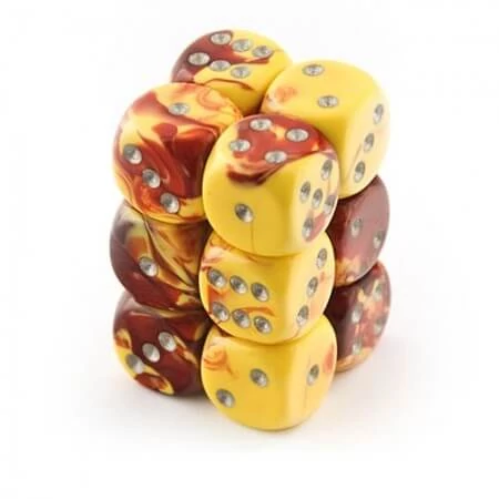 sticky Gemini d6 kockablokk (12 kocka), piros-sárga, ezüst pöttyös