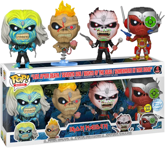 sticky Funko Pop! 4-Pack Rocks: Iron Maiden - Live After Death / Seventh Son / Nights of the Dead / Somewhere in Time Eddie figura