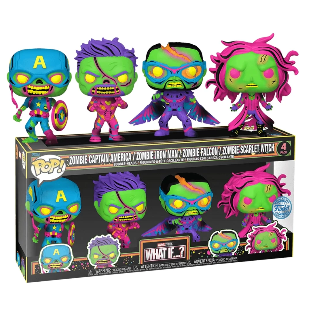 sticky Funko POP! 4PK Marvel: What If...? - Zombie Captain America / Zombie Iron Man / Zombie Falcon / Zombie Scarlet Witch (SE) (Blacklight) figura