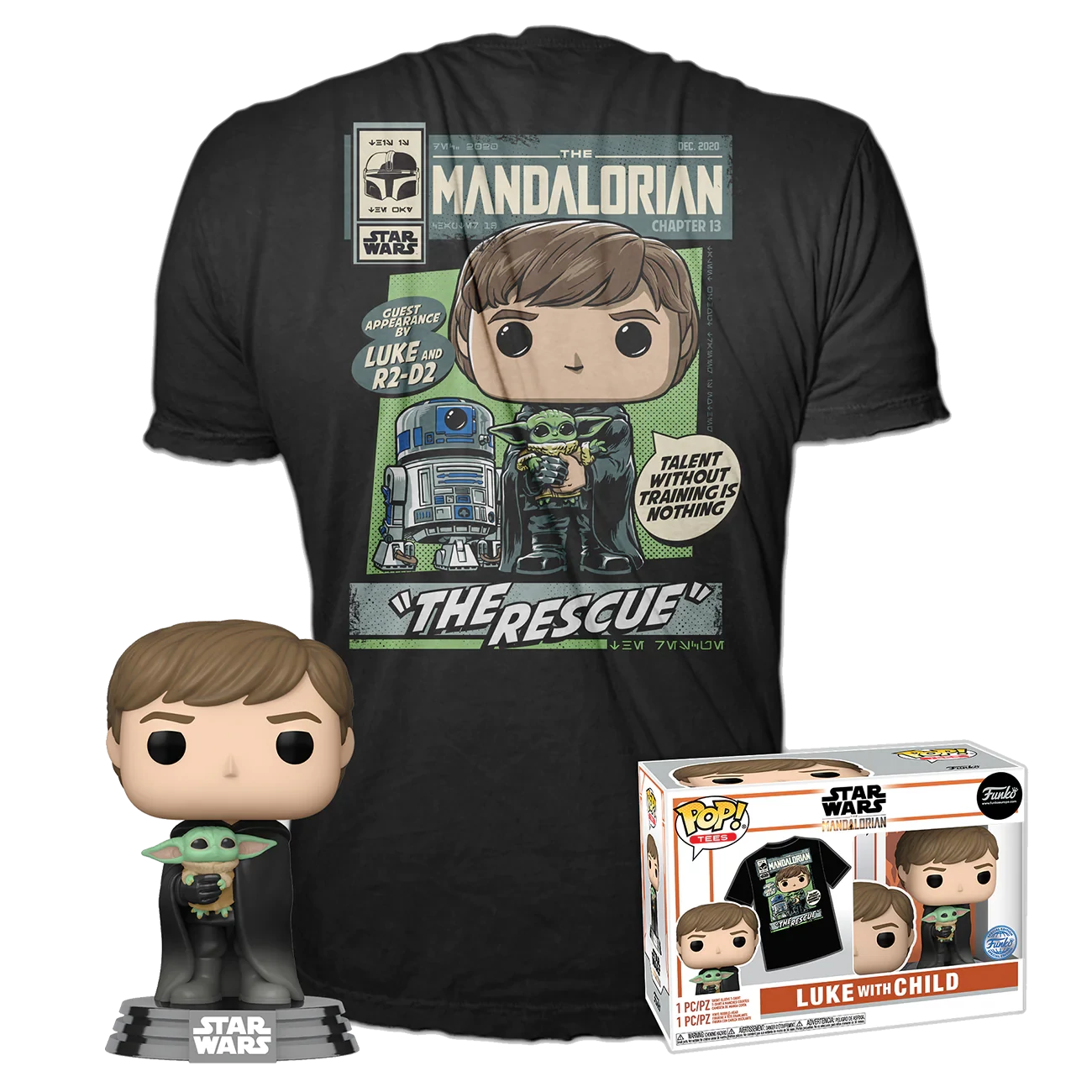 sticky Funko Pop! & Tee: Star Wars The Mandalorian - Luke w/ Grogu figura és póló (L)