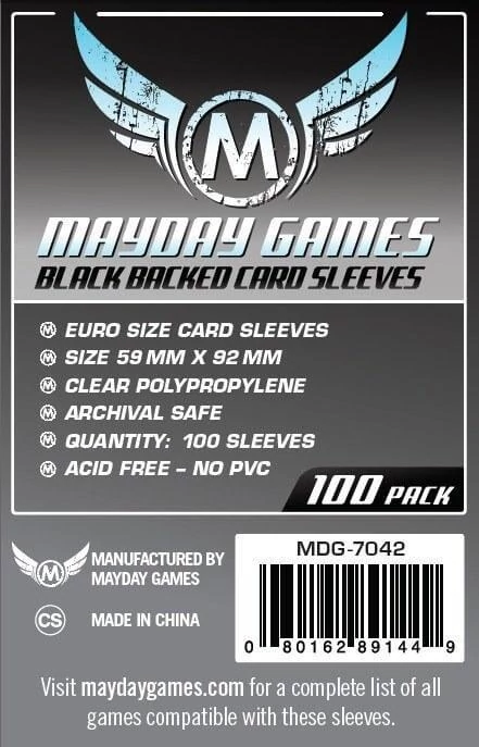 sticky Mayday Games Euro méretű kártyavédő (100 db-os csomag) 59 mm x 92 mm, fekete hátlap